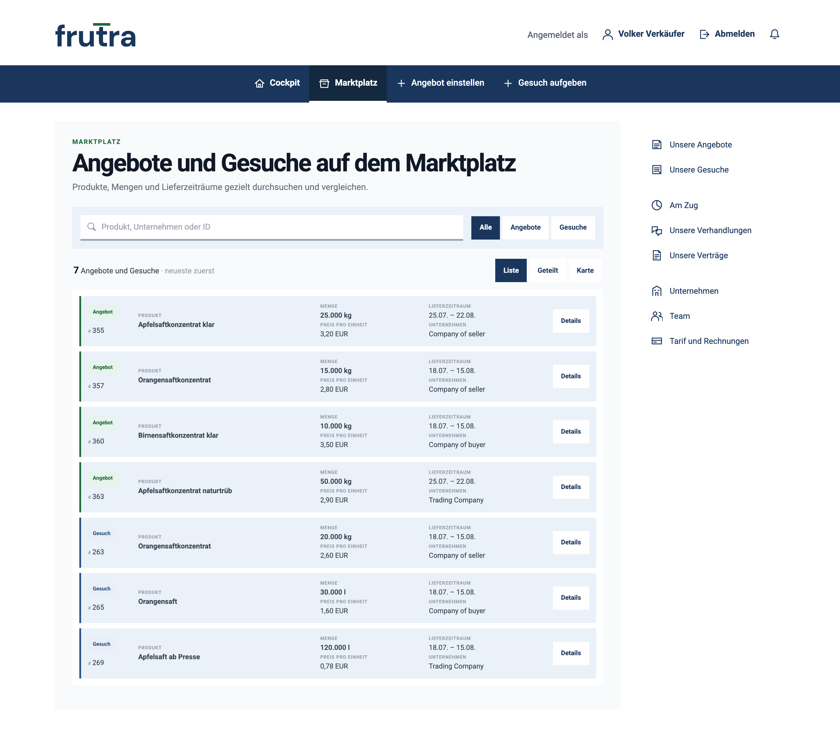 Marktplatz in der Listenansicht mit vier Angeboten und drei Gesuchen