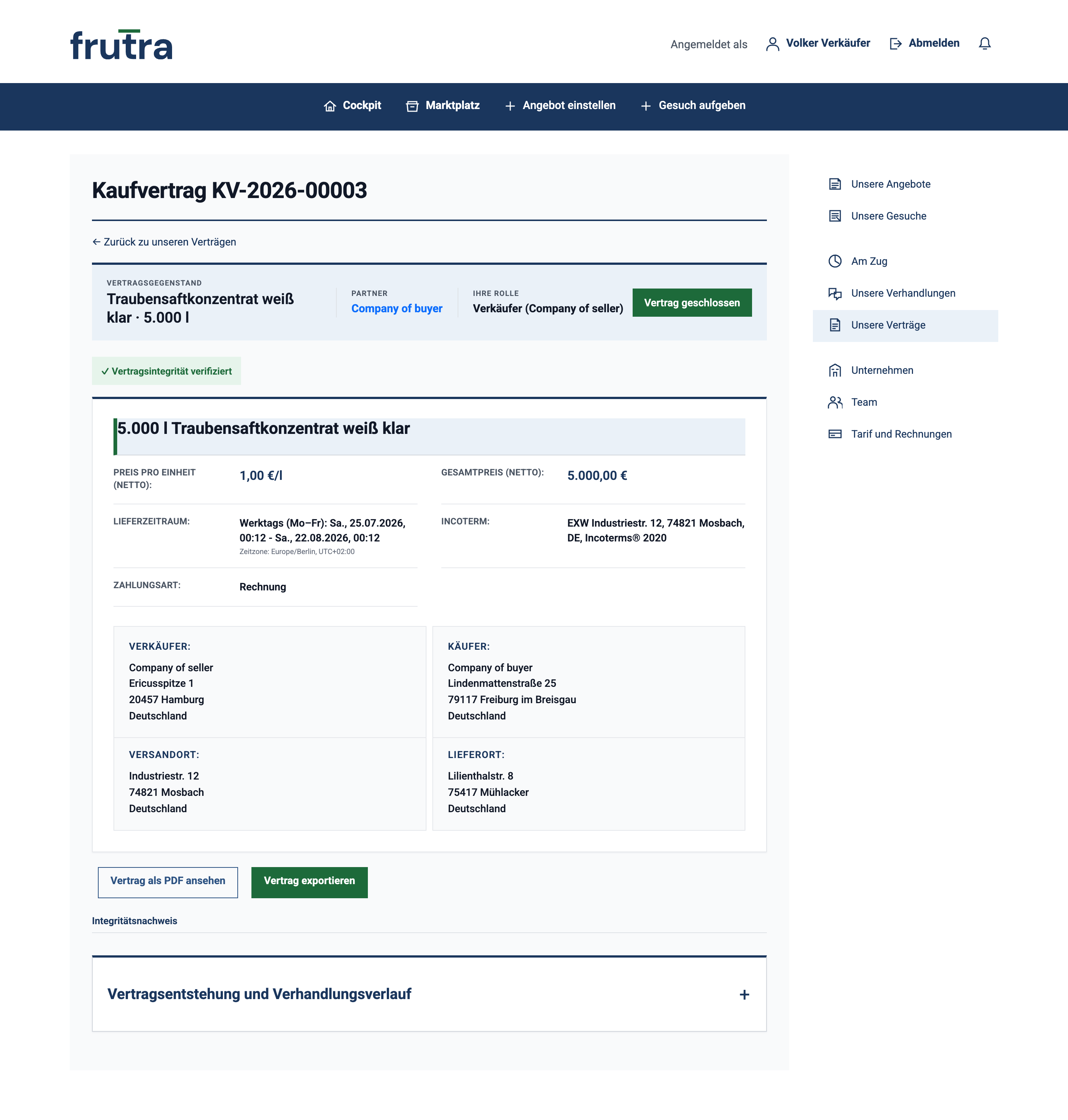 Kaufvertrag KV-2026-00003 mit Vertragsdaten, Parteien, Versand- und Lieferort