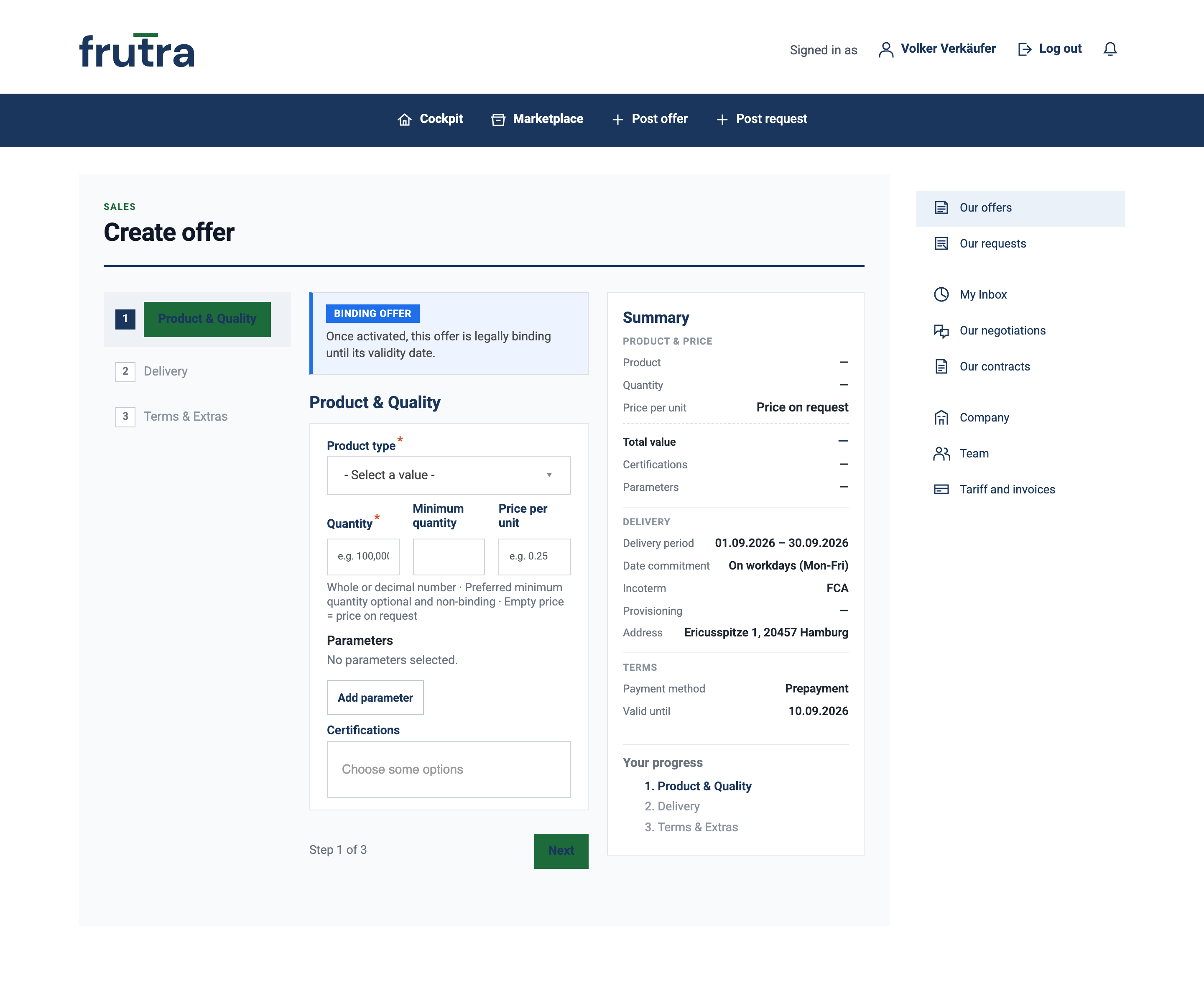 The "Create offer" form, step 1 of 3, with the summary of the entries so far
