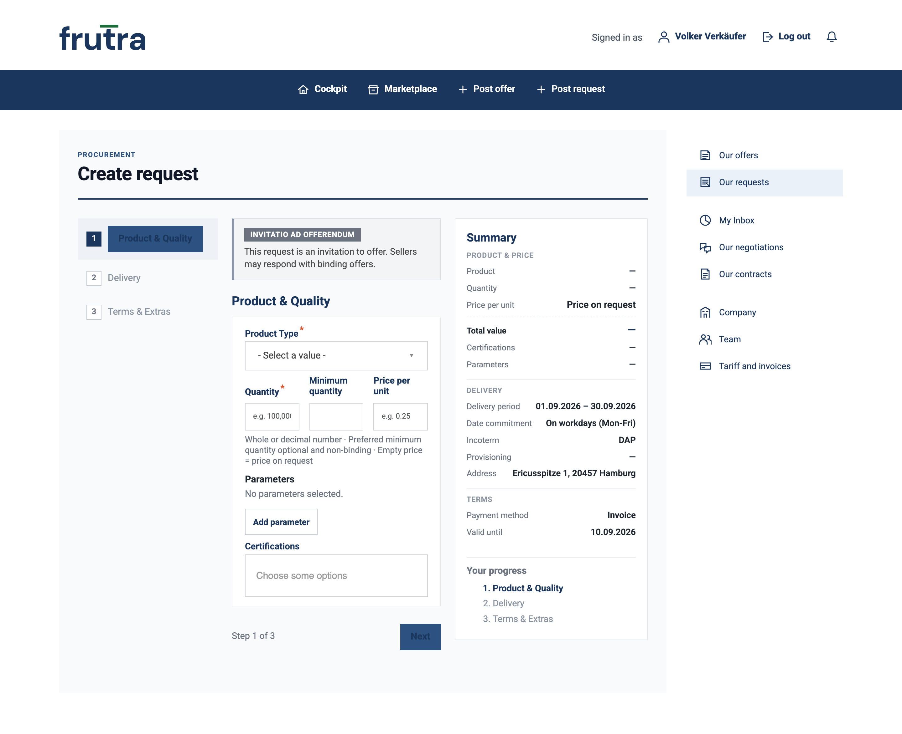 The "Create request" form, step 1 of 3, showing the "Invitatio ad offerendum" notice and the summary of the entries so far