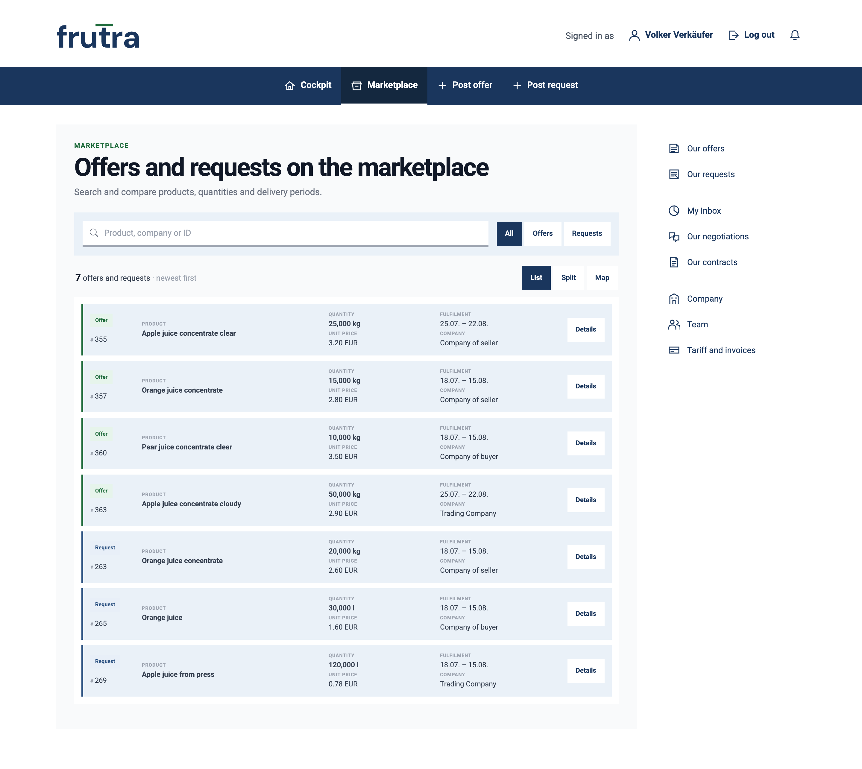 The marketplace in list view with four offers and three requests