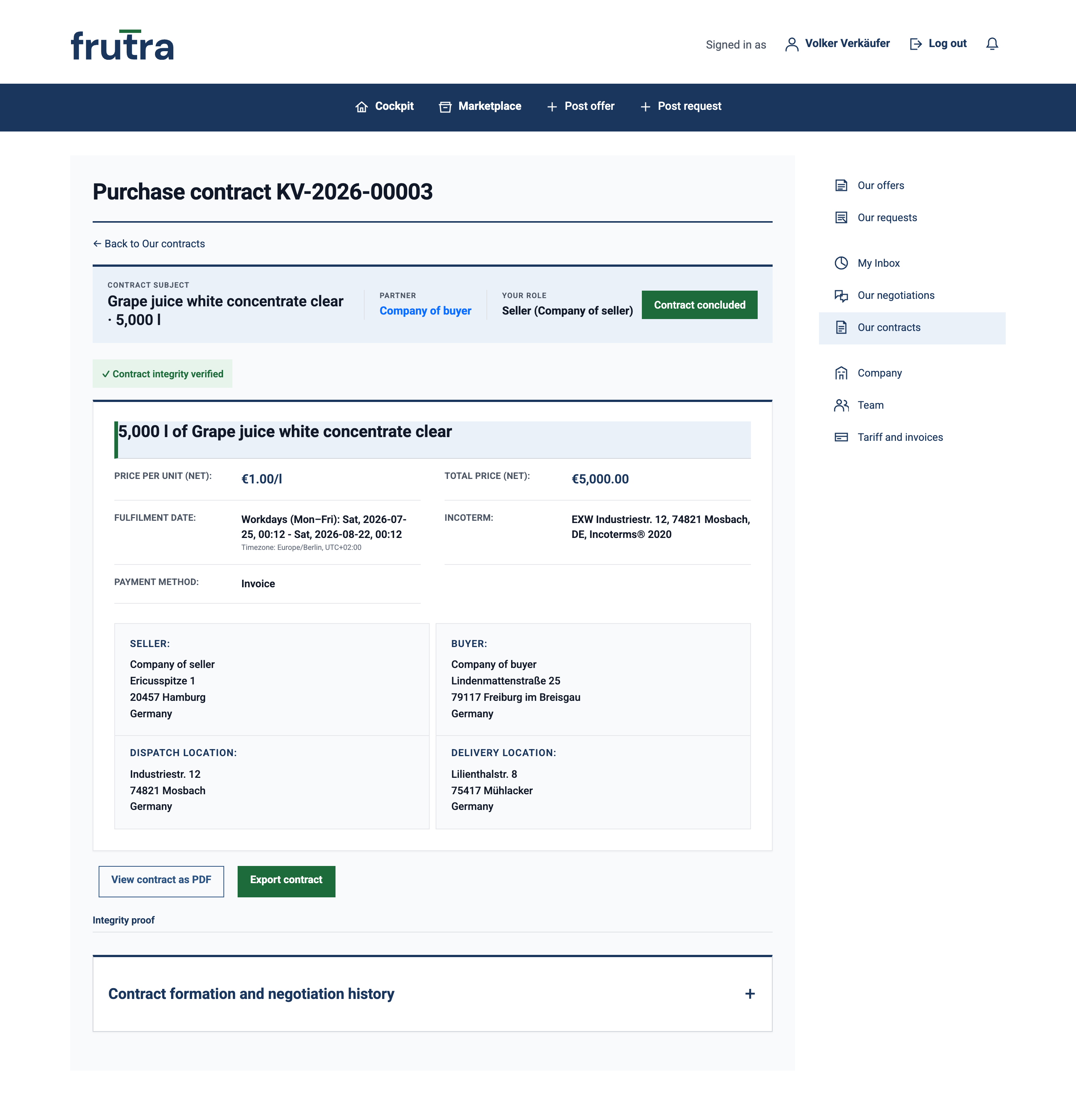 Purchase contract KV-2026-00003 with contract data, parties, place of dispatch and place of delivery