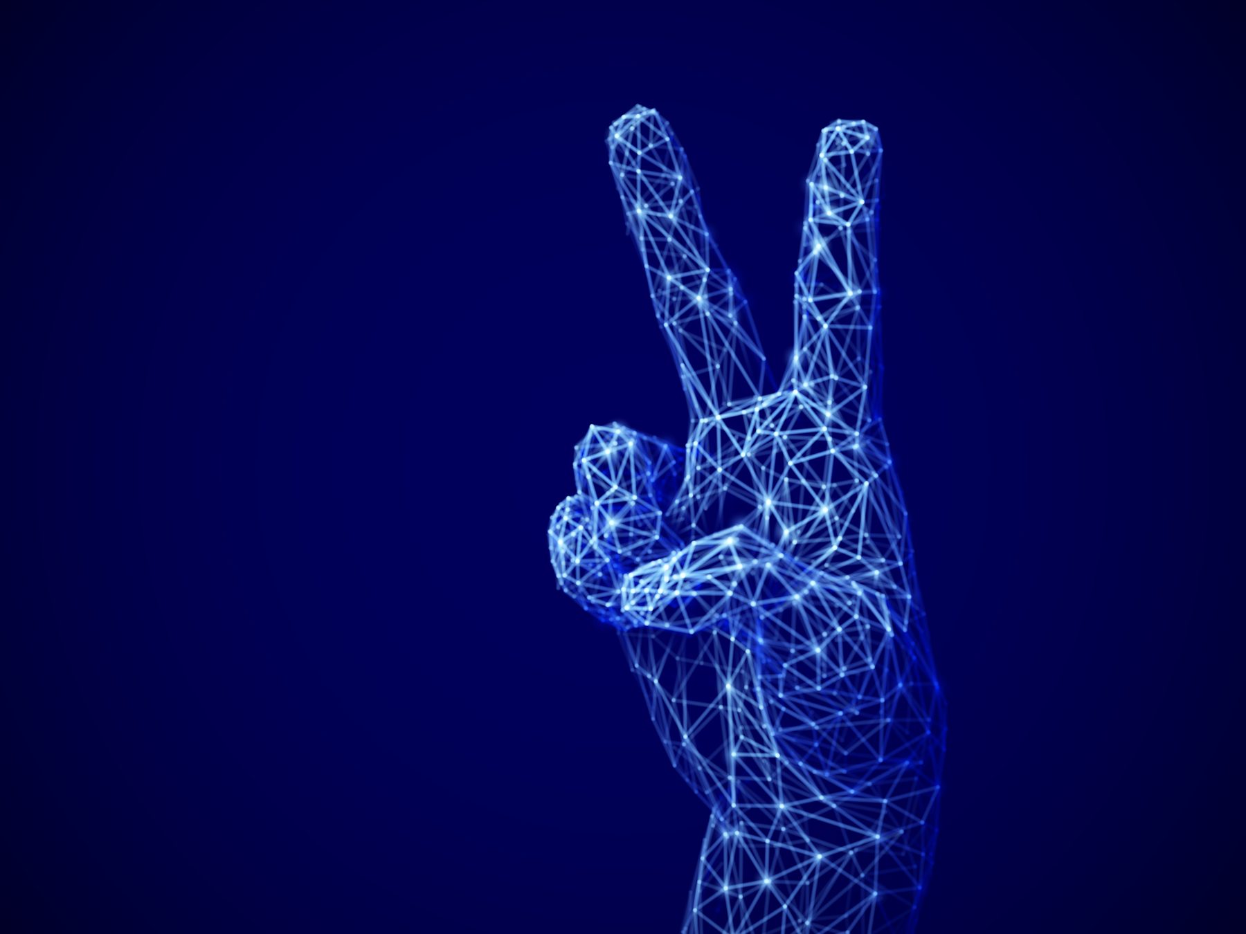 A digital wireframe hand shows the victory sign.